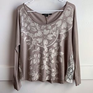 Forever 21 Floral Cream & Brown Quarter Sleeve Shirt With Lace Sides